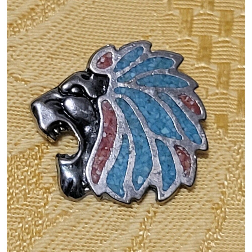 Vintage Native American Indian Chief Headdress Pendant Turquoise Coral Inlay